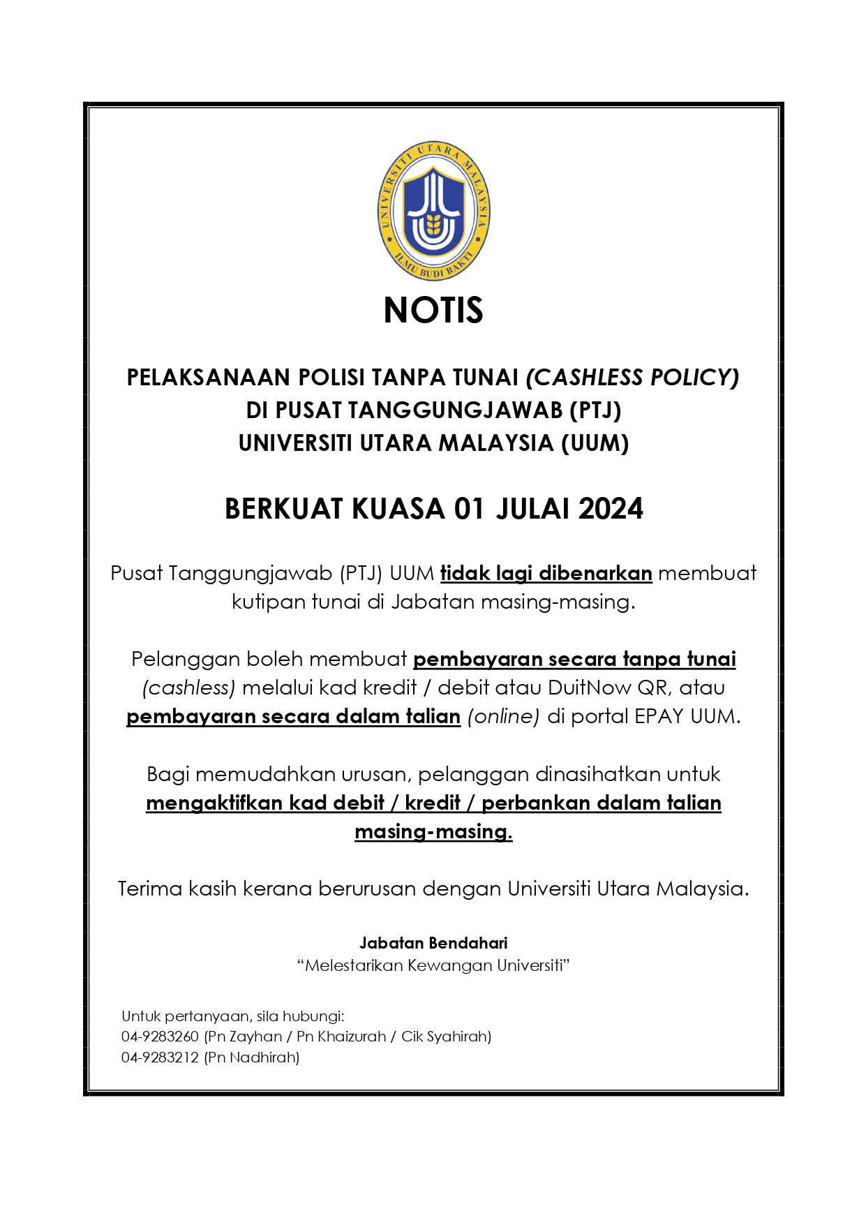 NOTIS POLISI TANPA TUNAI DI UUM page 0001